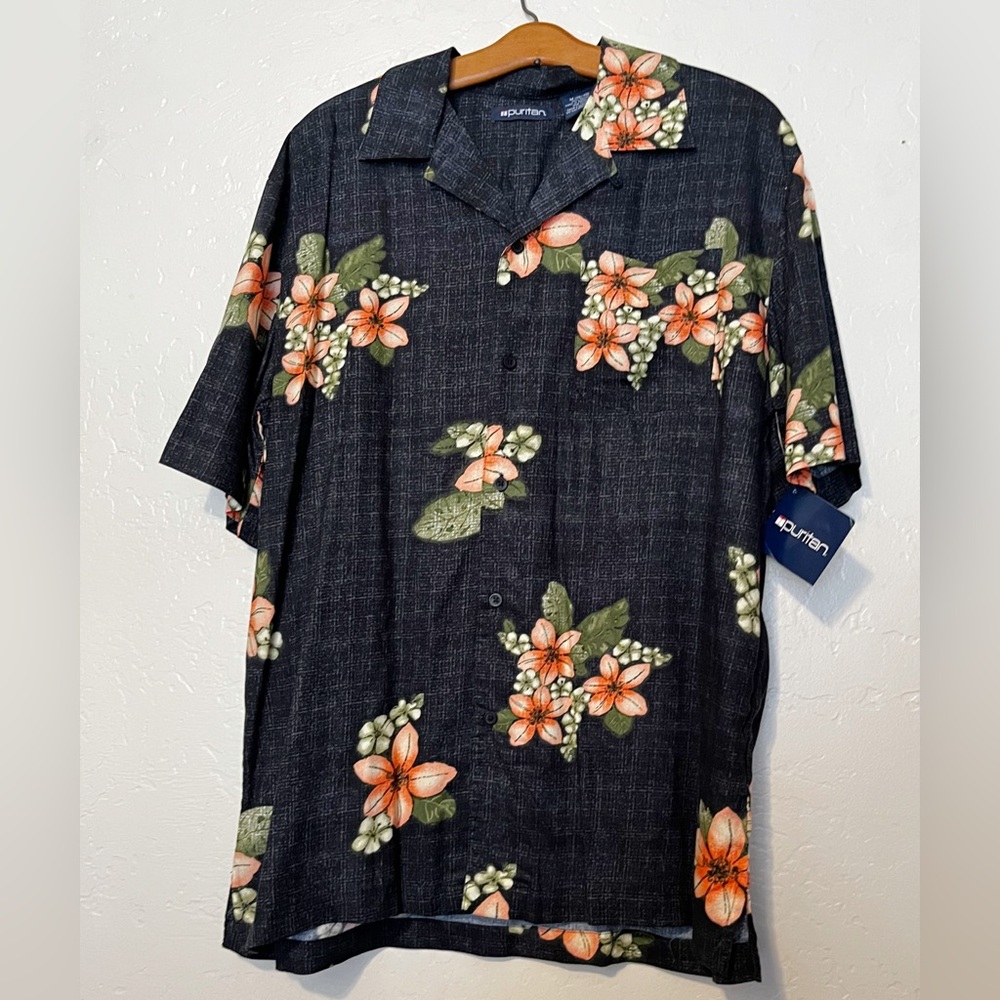 NWT Puritan Hawaiian Blue With Floral Button Up Short Sleeve Shirt Medium